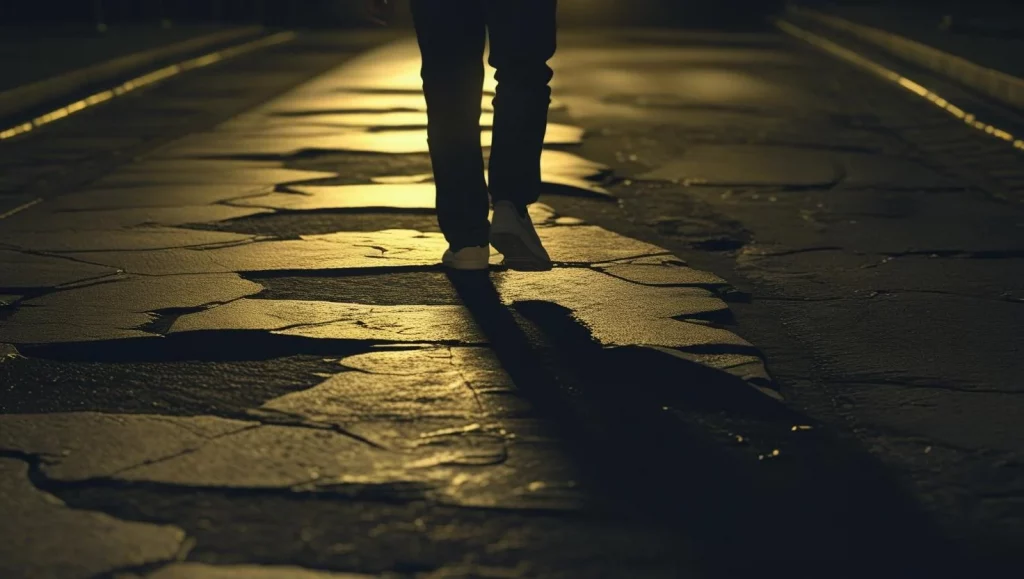 Close-up of a person night walking on a dimly lit, uneven road surface.