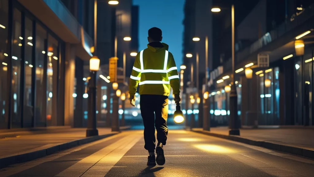 A person walking in a reflective safety jacket, holding a flashlight on a well-lit city street.