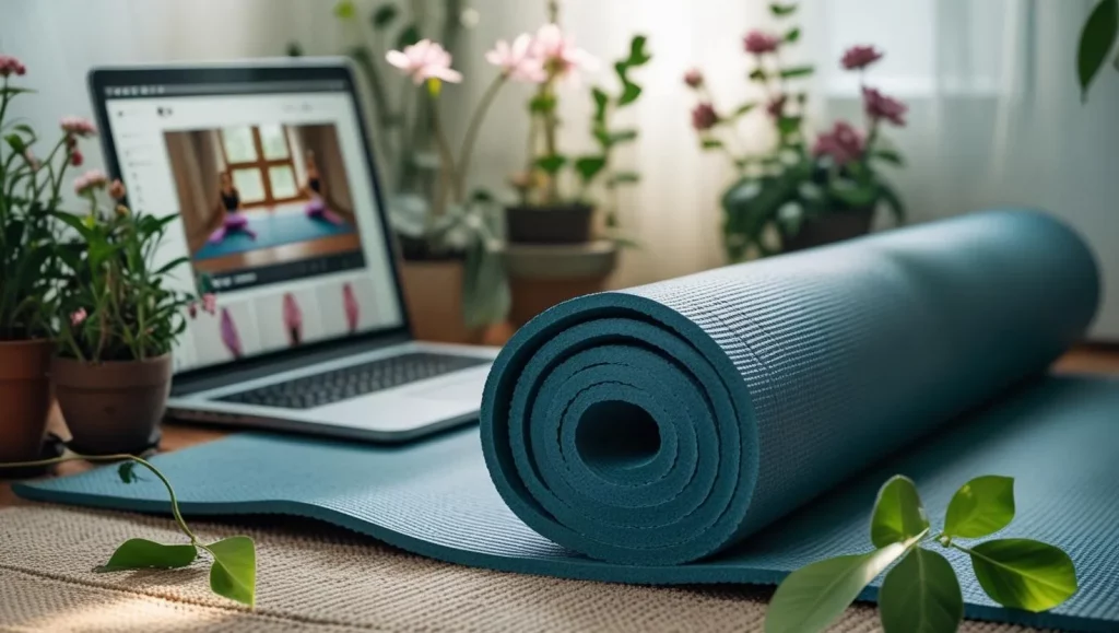 Yoga mat rolled out in a cozy home setting with plants and a laptop streaming an online yoga class — perfect for finding your best time to do yoga.
