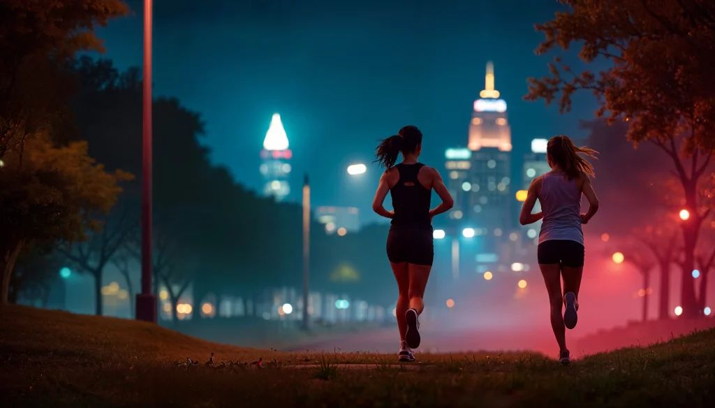 Two women are jogging at night along a city path with illuminated skyscrapers in the background.