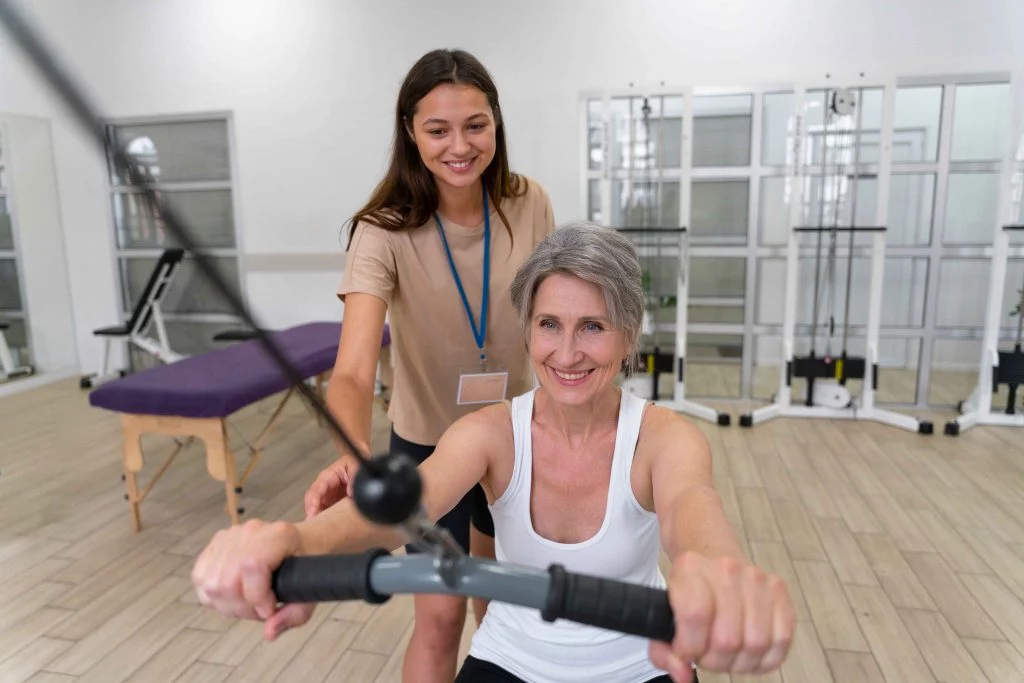 A female senior working with a female personal trainer is performing a strength exercise with a small weight.
