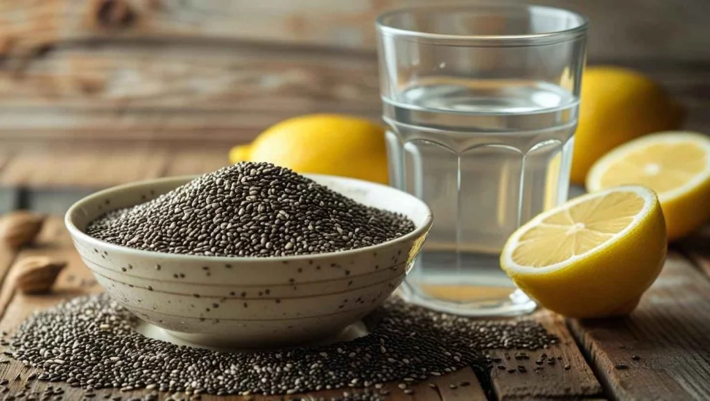 A bowl of Chia seeds next to a glass of water and fresh lemons on a rustic wooden table.