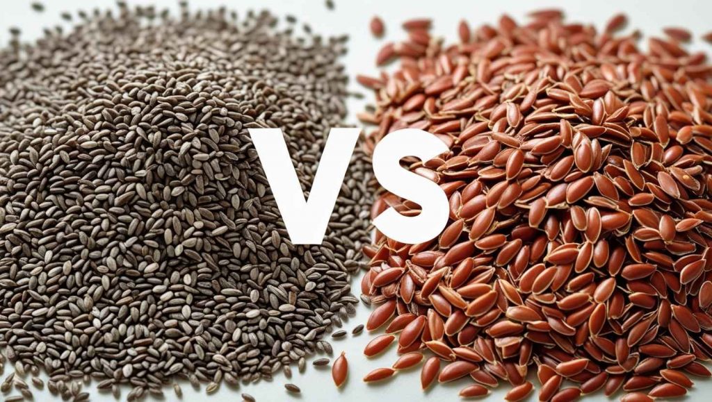 Close-up comparison of Chia seeds and flax seeds side by side with a bold VS in the center.