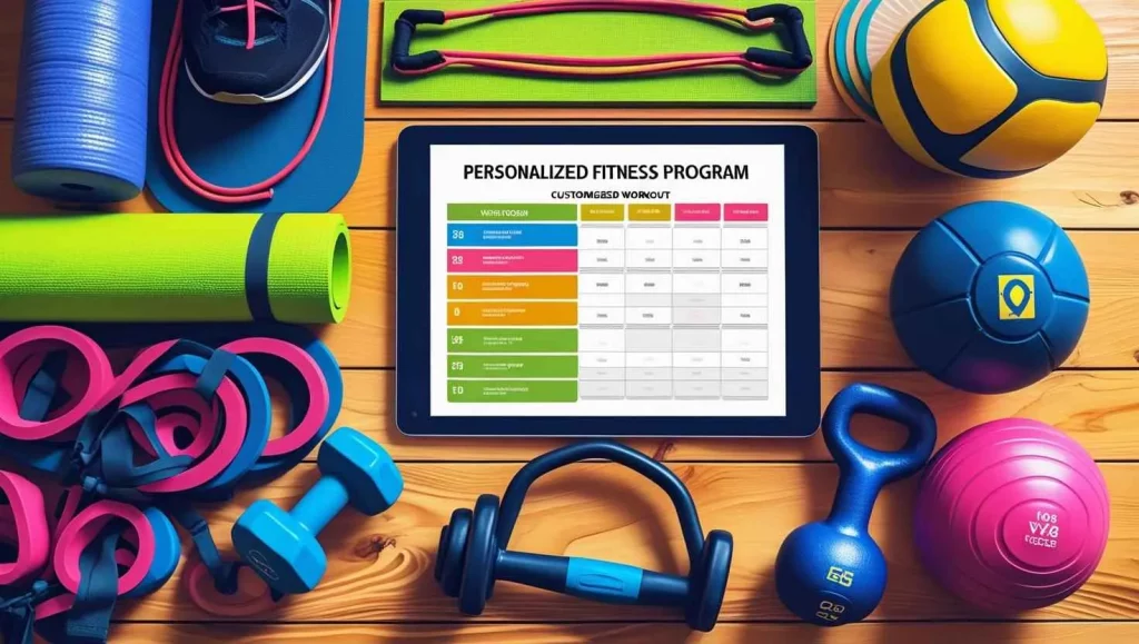 Customize Your Workout Tablet displaying a personalized fitness program surrounded by colorful workout equipment, including dumbbells, resistance bands, yoga mats, and medicine balls.