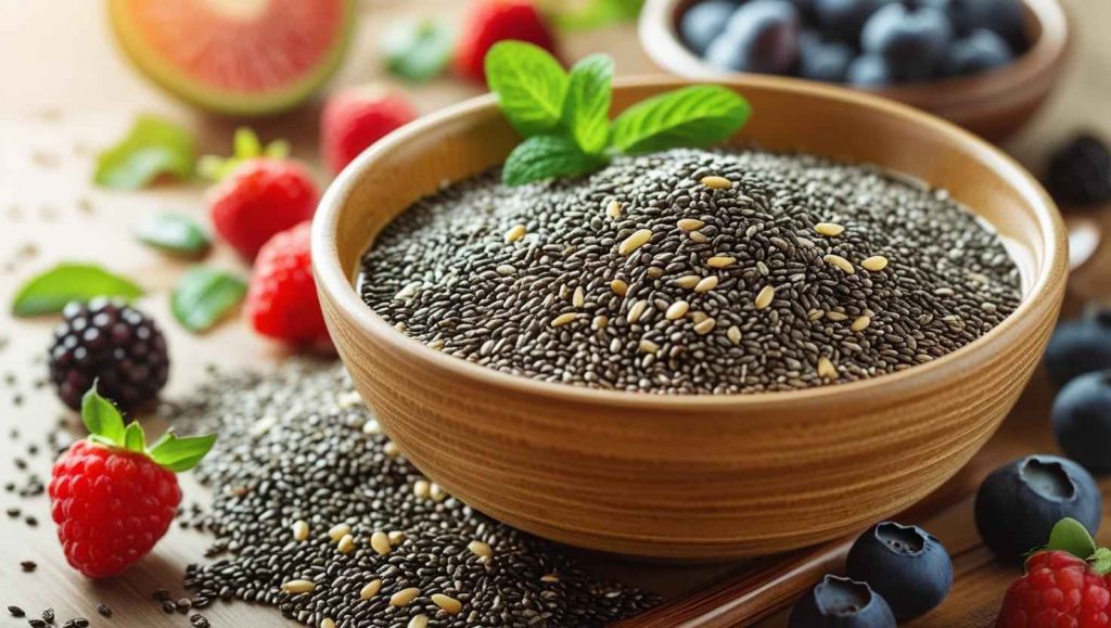 A wooden bowl filled with Chia seeds, surrounded by fresh berries and mint leaves.