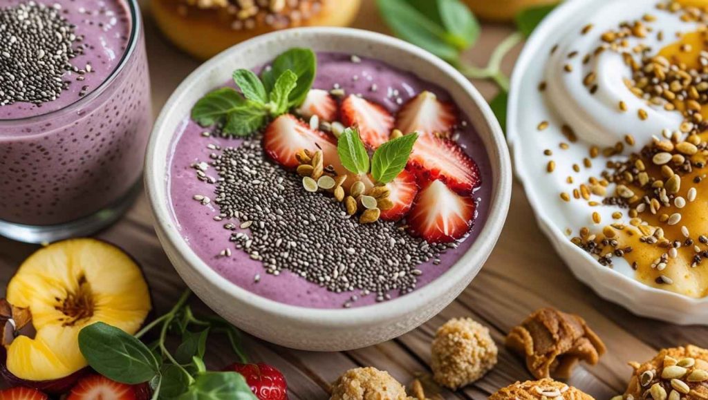 A vibrant smoothie bowl topped with Chia seeds, fresh strawberries, and mint, alongside yogurt with honey and seeds.