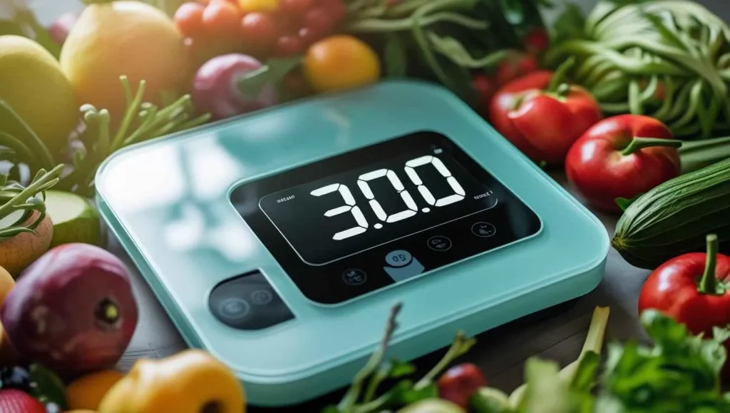 Smart Nutrition Digital kitchen scale displaying 30.0 surrounded by fresh vegetables and fruits, symbolizing healthy eating and portion control.