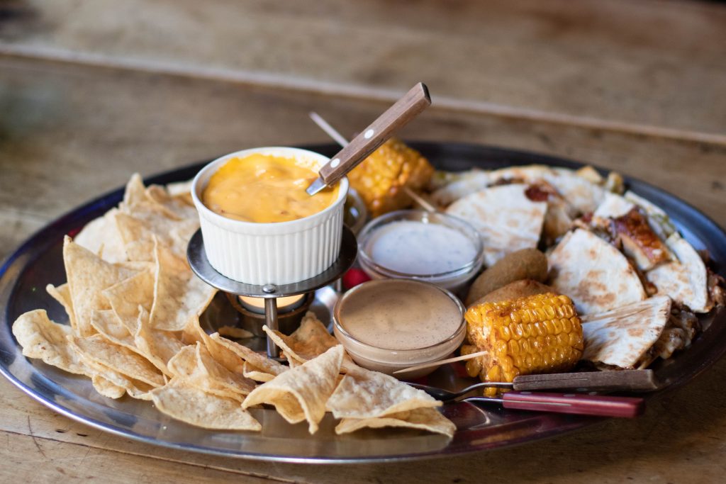 platter of snacks with dips