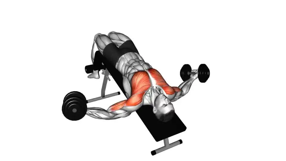 A diagram showing the decline dumbbell flye, a lower chest isolation exercise that targets the lower portion of the pectoral muscles.