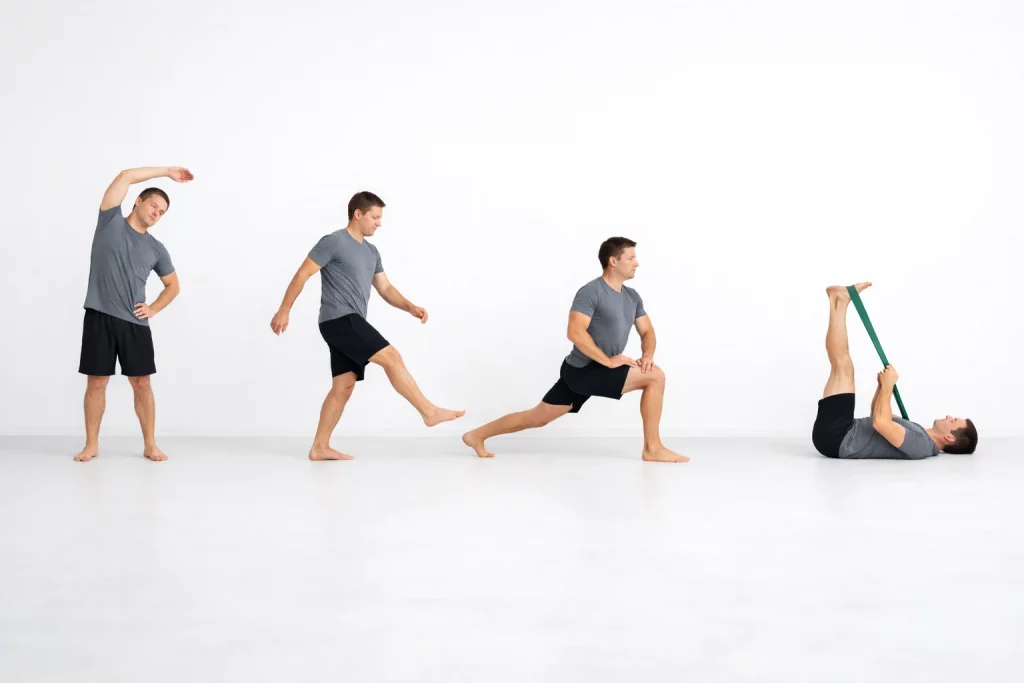 Active Isolated Stretching routine showing a man doing four mobility stretches, including side bend, leg swing, lunge stretch, and hamstring stretch with a resistance band.