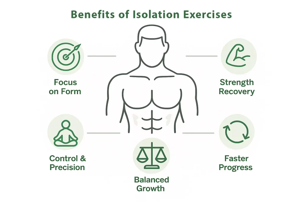 Infographic showing five key benefits of isolation exercises: focus on form, strength recovery, balanced growth, control and precision, and faster progress.