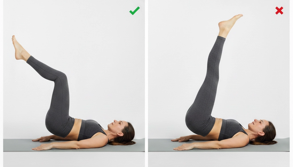 Active Isolated Stretching leg raise comparison showing correct bent-knee form with neutral spine versus incorrect straight-leg position causing lower back strain.