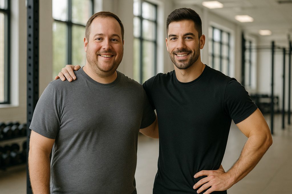 Personal trainer to lose weight Personal trainer to lose weight, celebrating success with the client after the workout.