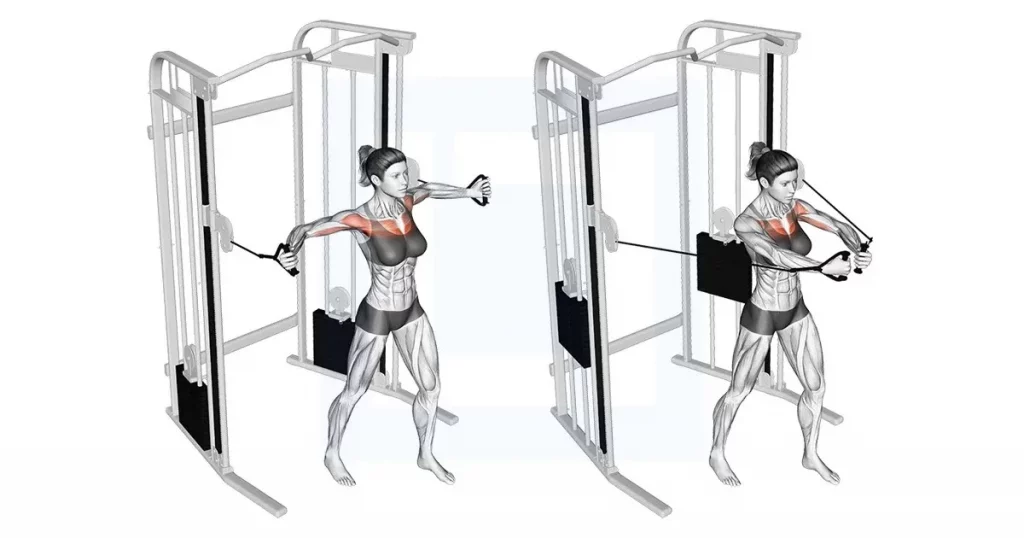 A diagram showing the cable iron cross, a chest isolation exercise that targets the middle and inner pectoral muscles using a standing cable crossover machine.
