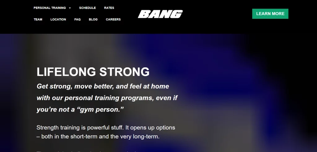 Bang Personal Training Screenshot of Bang Personal Training personal training website showing coaching services and booking options.
