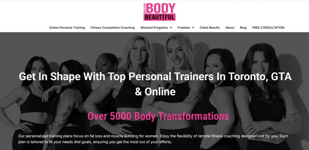 Build My Body Beautiful Screenshot of Build My Body Beautiful personal training website showing coaching services and booking options.