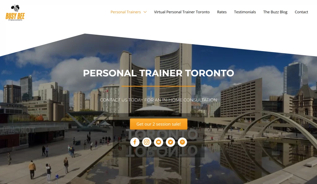 Busy Bee Fitness Experts Screenshot of Busy Bee Fitness Experts personal training website showing coaching services and booking options.