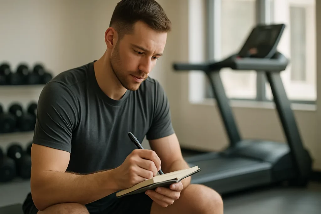 Define Your Fitness Objectives Man writing down fitness goals in a gym, defining objectives to find a personal trainer.