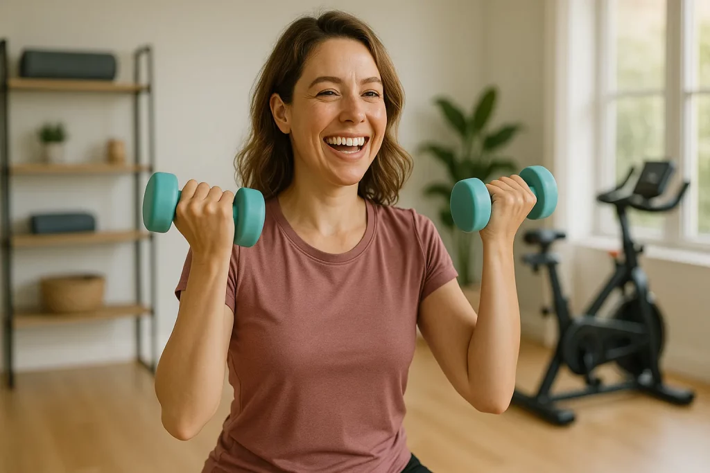 Find What Keeps You Motivated miling woman lifting dumbbells at home, staying motivated with personal training preferences.