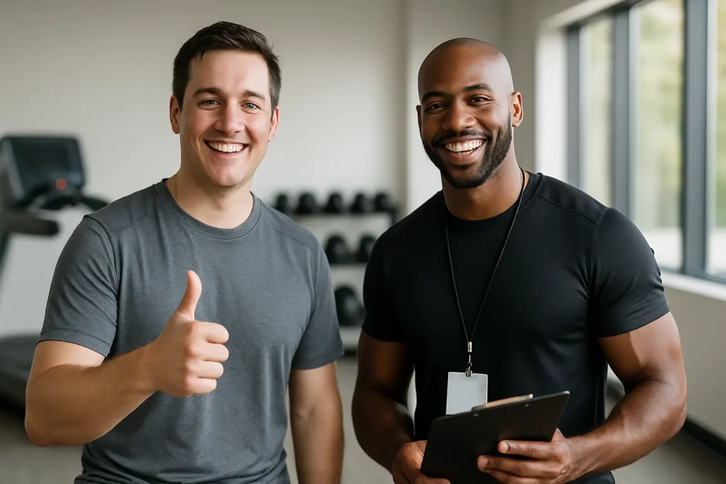 Finding a personal trainer Happy client with personal trainer at the gym, showing success after finding a personal trainer.