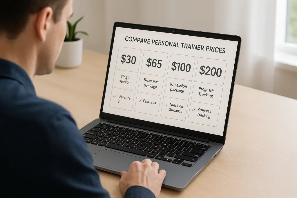 Personal Trainer Costs Man comparing personal trainer prices online to find a personal trainer that fits his budget and goals.