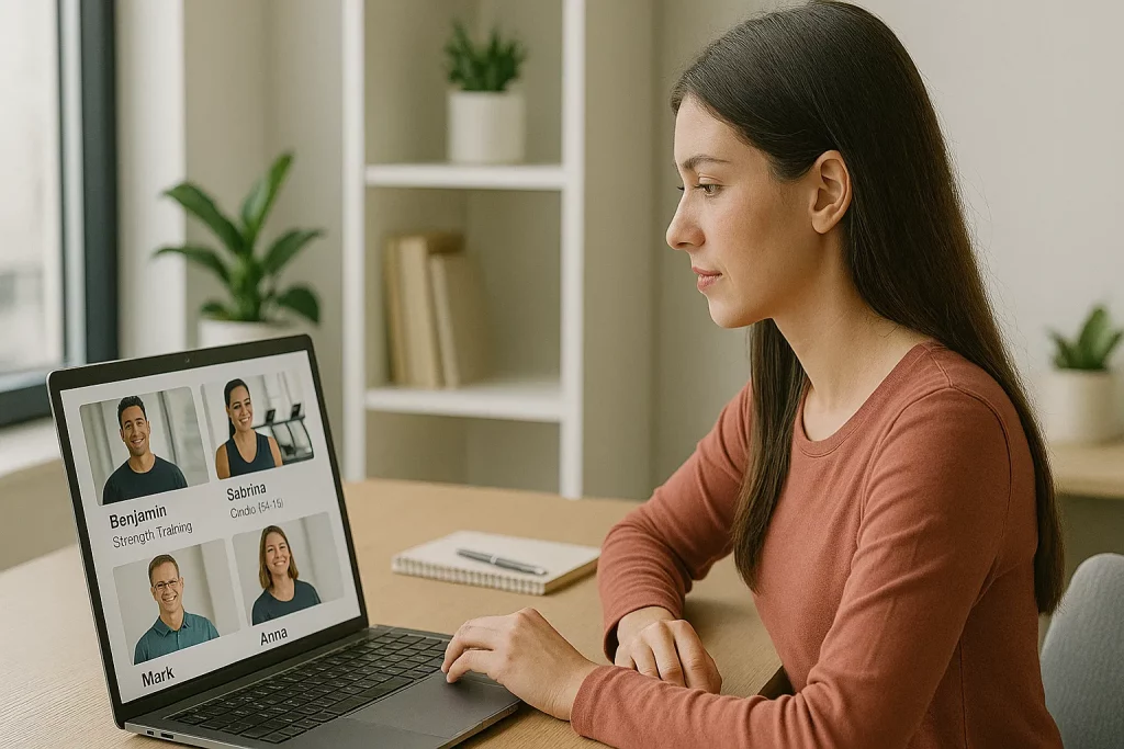 Research Potential Trainers Woman researching potential personal trainers online, comparing profiles to find a personal trainer who fits her goals.