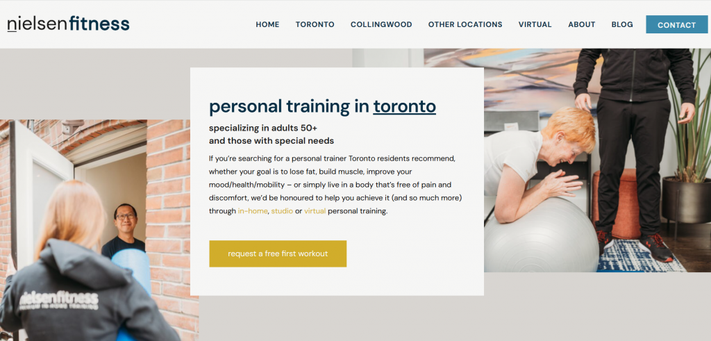 Nielsen Fitness Screenshot of Nielsen Fitness personal training website showing coaching services and booking options.