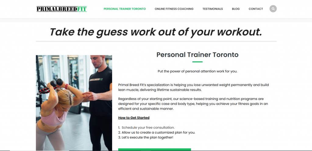Primal Breed Fit Screenshot of Primal Breed Fit personal training website showing coaching services and booking options.