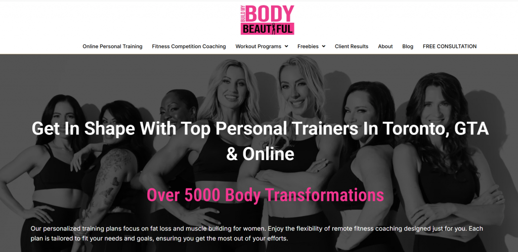 Build My Body Beautiful Screenshot of Build My Body Beautiful personal training website showing coaching services and booking options.