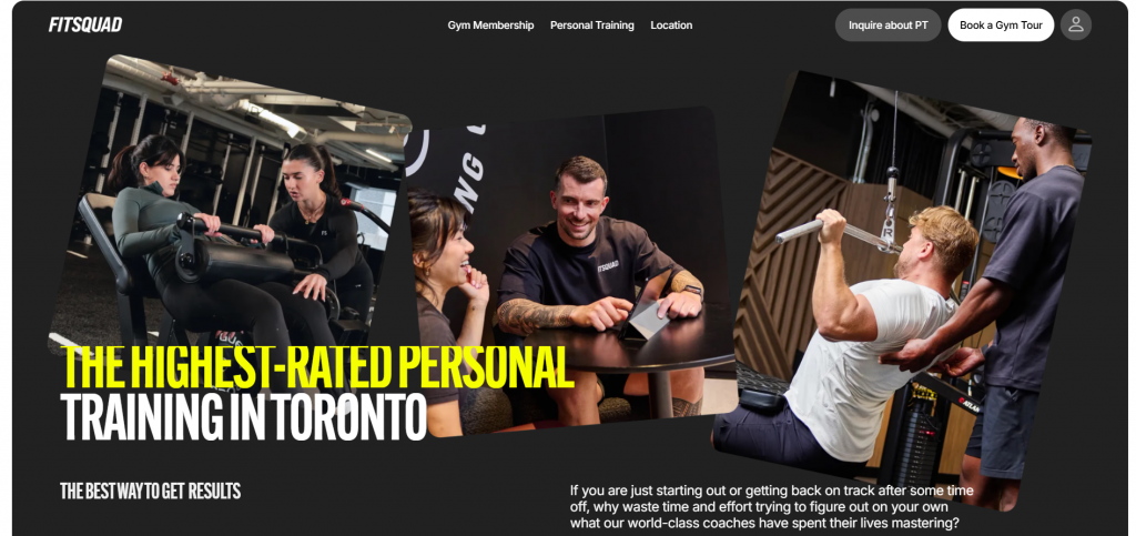 Fit Squad Training Gym Screenshot of Fit Squad Training Gym personal training website showing coaching services and booking options.