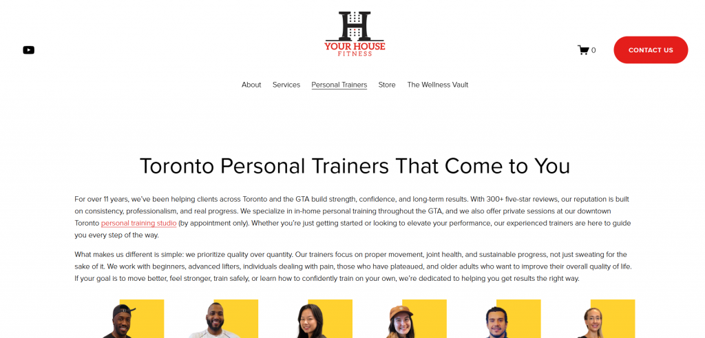 Your House Fitness Screenshot of Your House Fitness personal training website showing coaching services and booking options.
