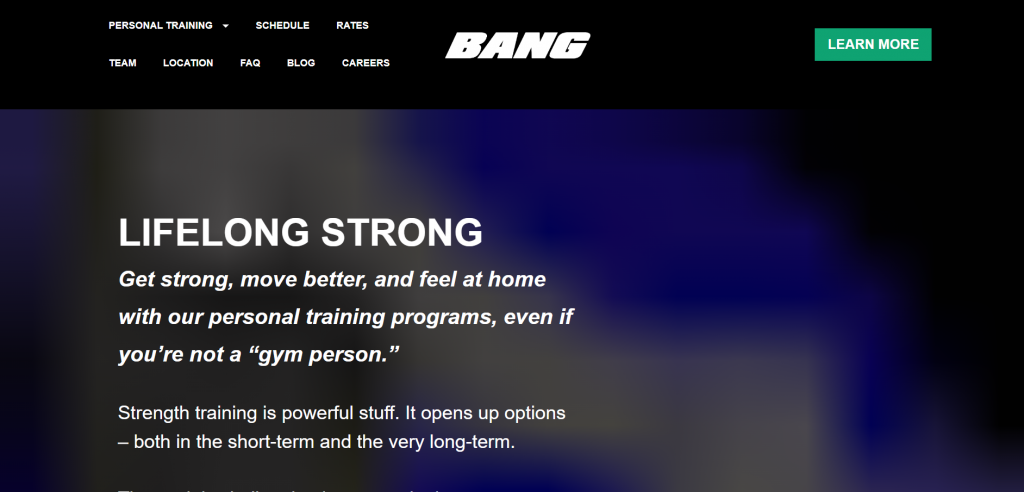 Bang Personal Training Screenshot of Bang Personal Training personal training website showing coaching services and booking options.