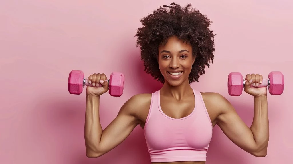 Smiling woman lifting pink dumbbells, highlighting strength training and fitness.