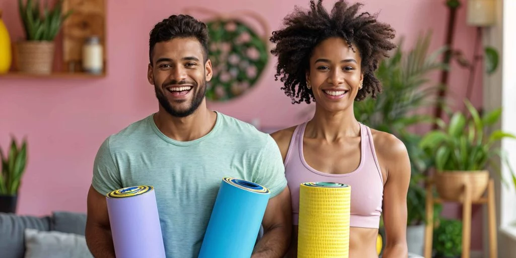 Man and woman smiling while holding yoga mats, ready for 7 exercises to do every day.