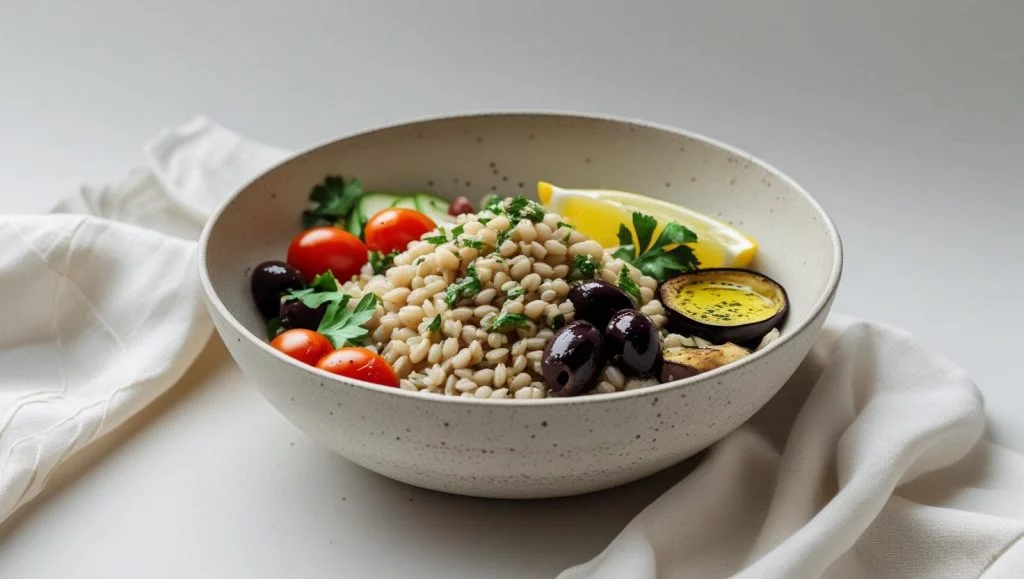 Bowl of cooked barley served with cherry tomatoes, olives, lemon, and fresh herbs, showcasing its modern health benefits.