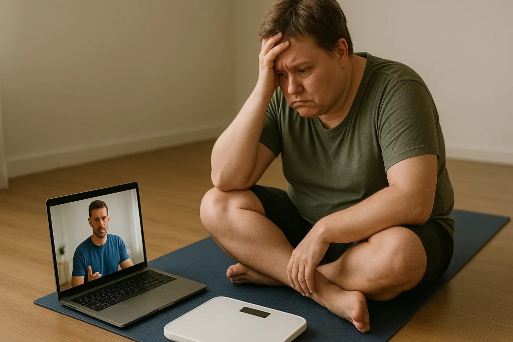 A man feeling discouraged about his progress while talking to an online weight loss coach on a laptop