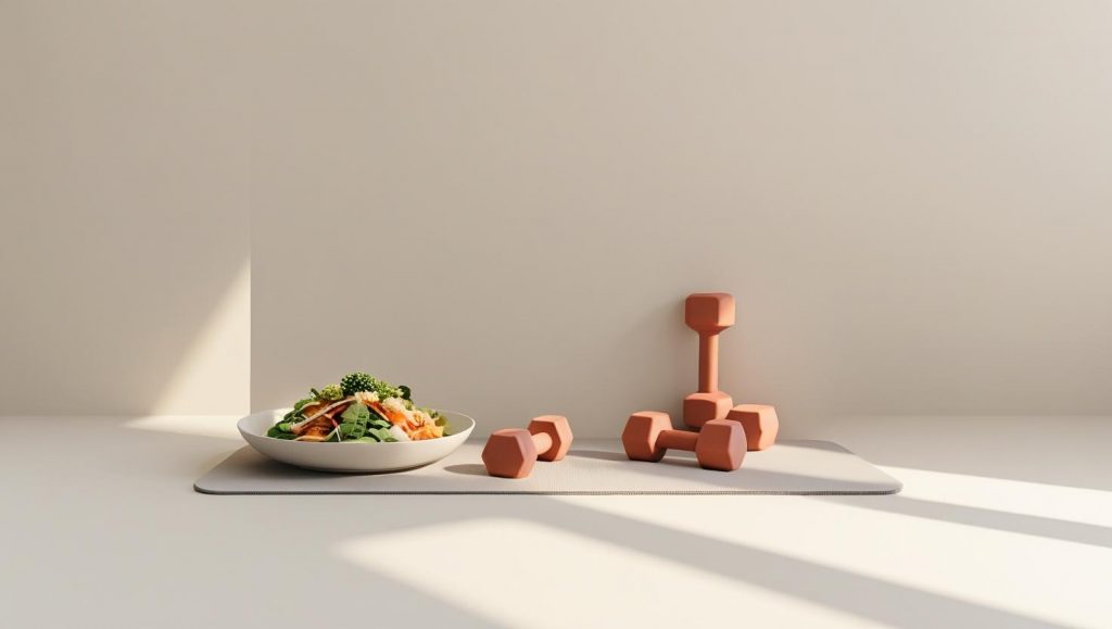 Fresh vegetable salad and dumbbells symbolize the combination of healthy eating and fitness for belly fat loss.