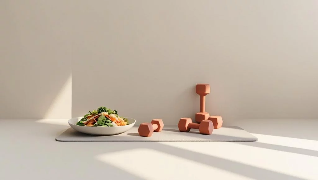 Fresh vegetable salad and dumbbells symbolize the combination of healthy eating and fitness for belly fat loss.