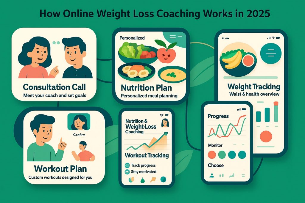 Infographic showing how online weight loss coaching works in 2026 with consultation, nutrition plan, workout tracking, and progress monitoring.