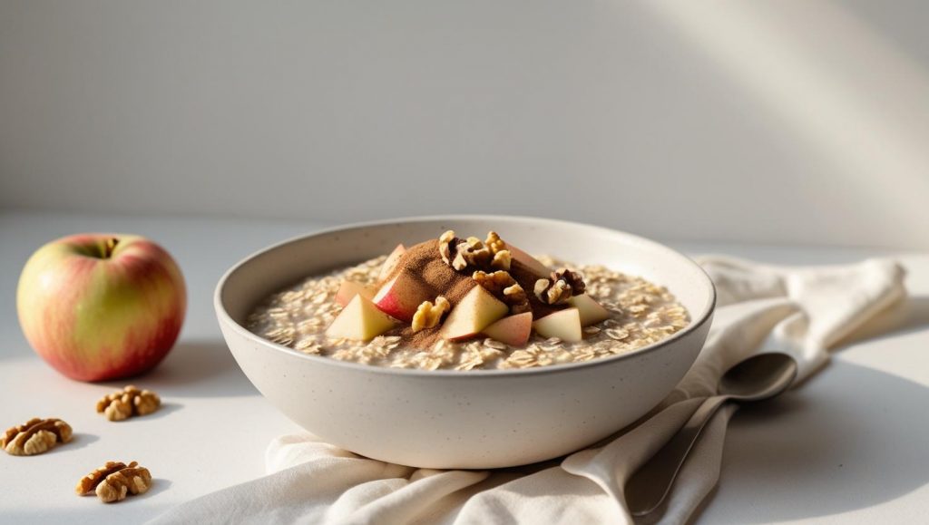 Bowl of oatmeal topped with fresh apple slices, walnuts, and cinnamon, highlighting oats as a soluble fiber hero.