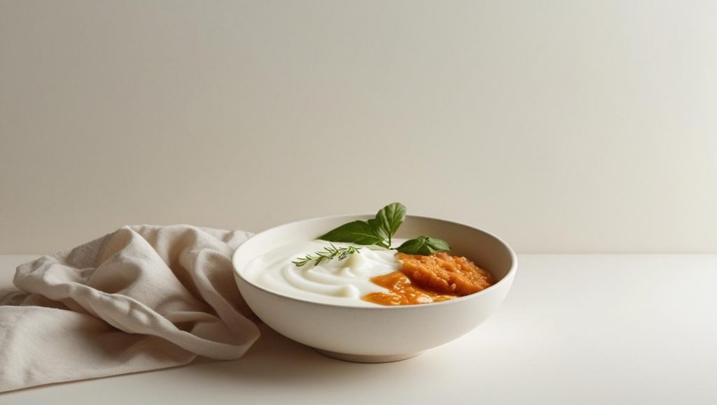 Bowl of probiotic yogurt topped with fermented vegetables and fresh herbs for gut health benefits.