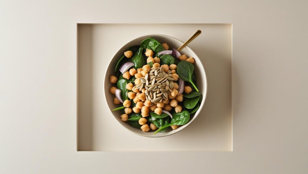 Healthy spinach and chickpea salad topped with sunflower seeds and red onion slices.