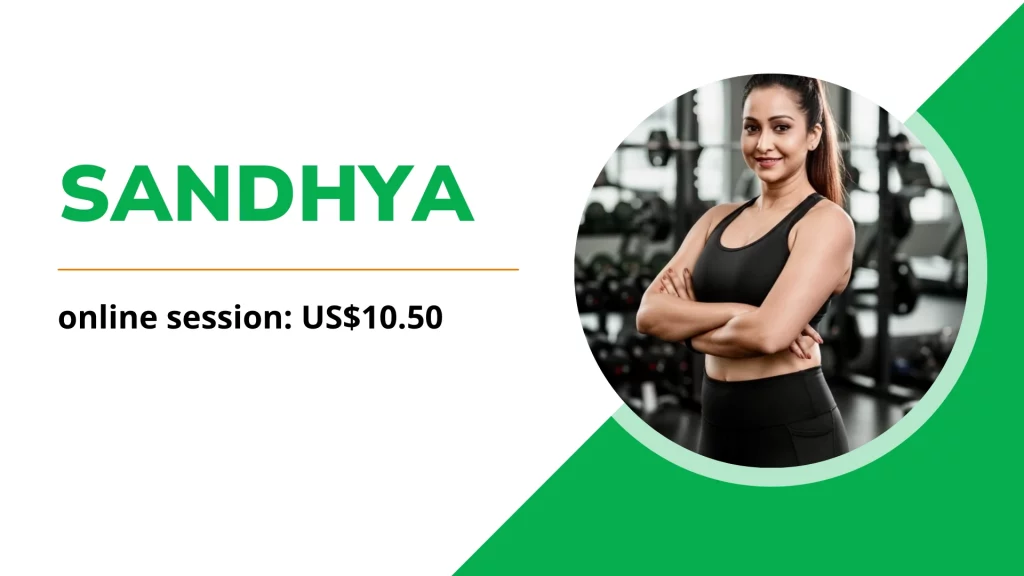 Sandhya: Yoga, Zumba & Strength Sandhya, an online personal trainer, profile image with coaching session details