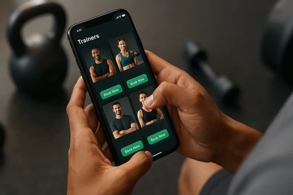Choosing the best online personal training platform on a fitness app with trainer profiles and booking options.