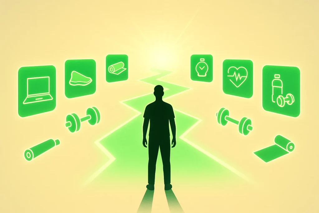 Silhouette of a person choosing a fitness path surrounded by icons of workouts, health, and equipment, symbolizing guidance from Online Personal Trainers.