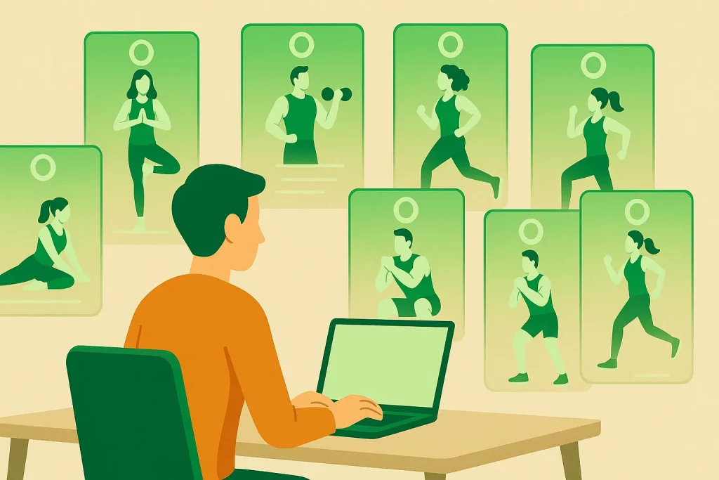 Illustration of a man using a laptop to choose between different Online Personal Trainers, each demonstrating various fitness exercises on virtual screens.