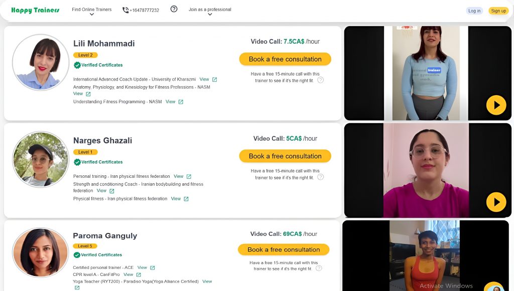 Preview of an online service platform connecting users with professional trainers and specialists.