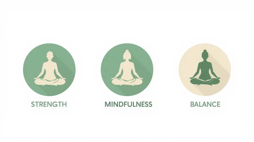 Yoga for beginners benefits shown through three minimalist green and beige icons representing strength, mindfulness, and balance.