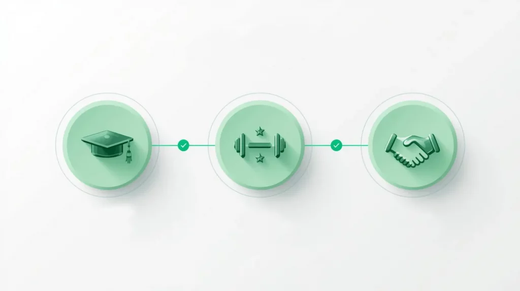 How We Selected the Best Affordable Personal Trainers Icons showing the selection process of affordable personal trainers: certifications, experience, and client trust.