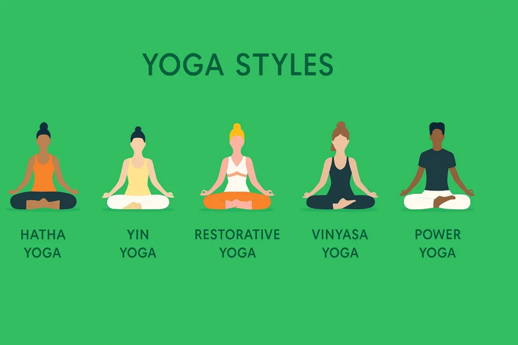 Illustrated chart showing five yoga styles for beginners including Hatha Yoga, Yin Yoga, Restorative Yoga, Vinyasa Yoga, and Power Yoga on a green background.